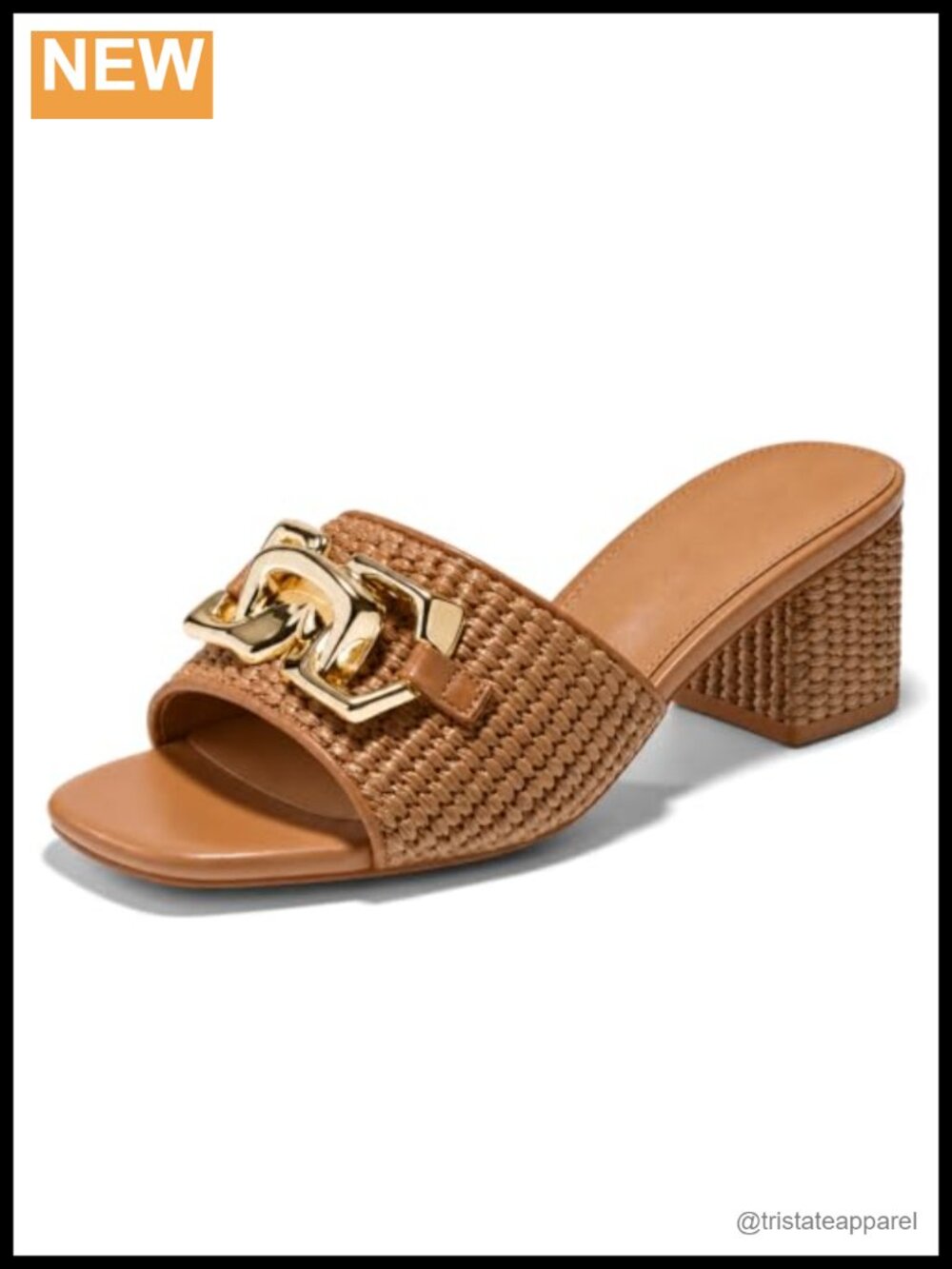 Raffia Slide Sandals Square Toe Block Heel Metal Chain Slip On